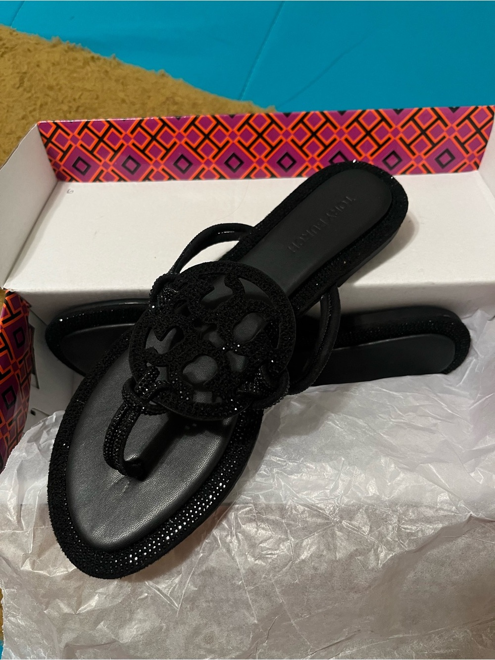 Tory Burch Black Glitter Logo Thong Sandals - Picture 1 of 1